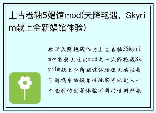 上古卷轴5娼馆mod(天降艳遇，Skyrim献上全新娼馆体验)